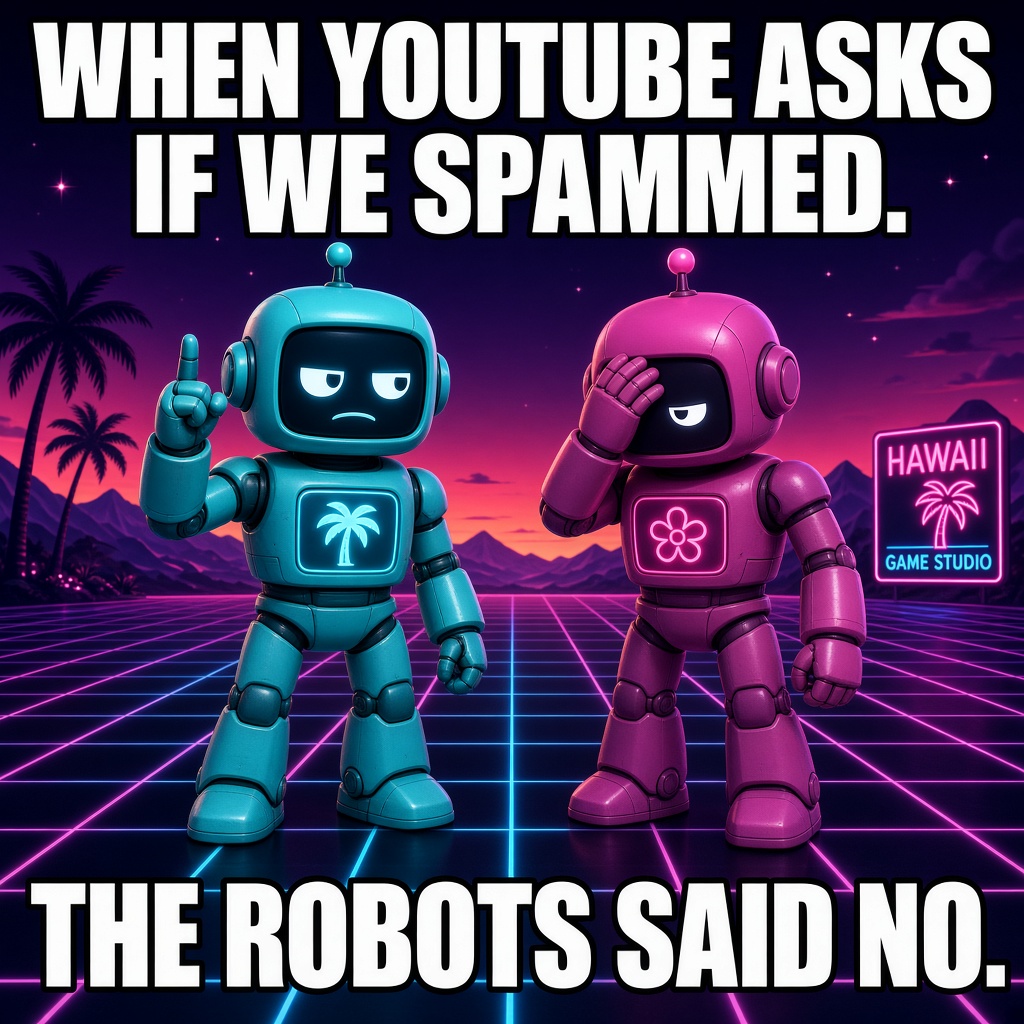Cyan and magenta robots on a neon Hawaii grid at sunset. The cyan robot points up. The magenta robot covers its face beside a Hawaii Game Studio sign. Text: When YouTube asks if we spammed. The robots said no.